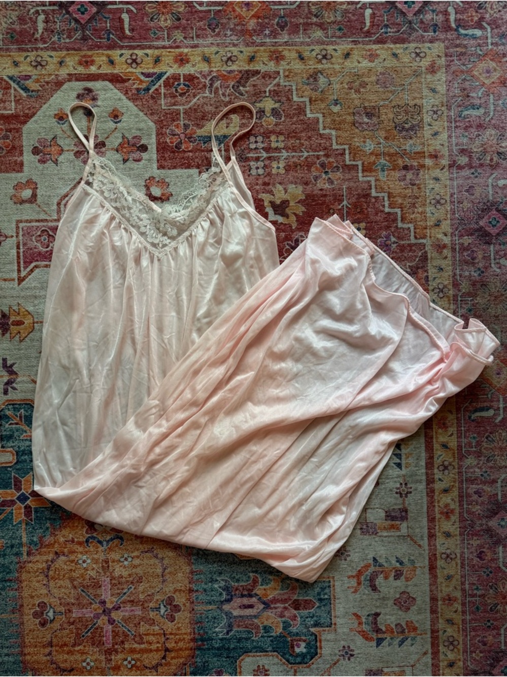 Vintage Pink Lace-Trim Slip Top and Skirt Set